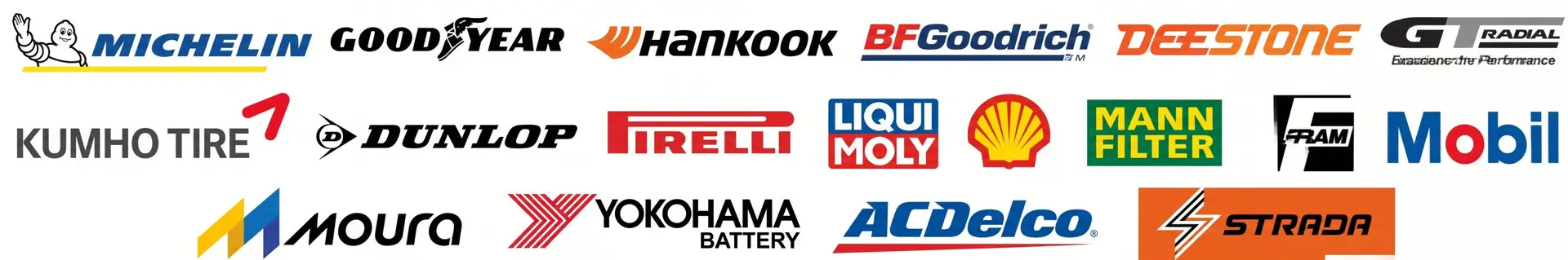Marcas de neumáticos, baterías y lubricantes: Michelin, Goodyear, Hankook, Dunlop, Pirelli, Moura, ACDelco y otras